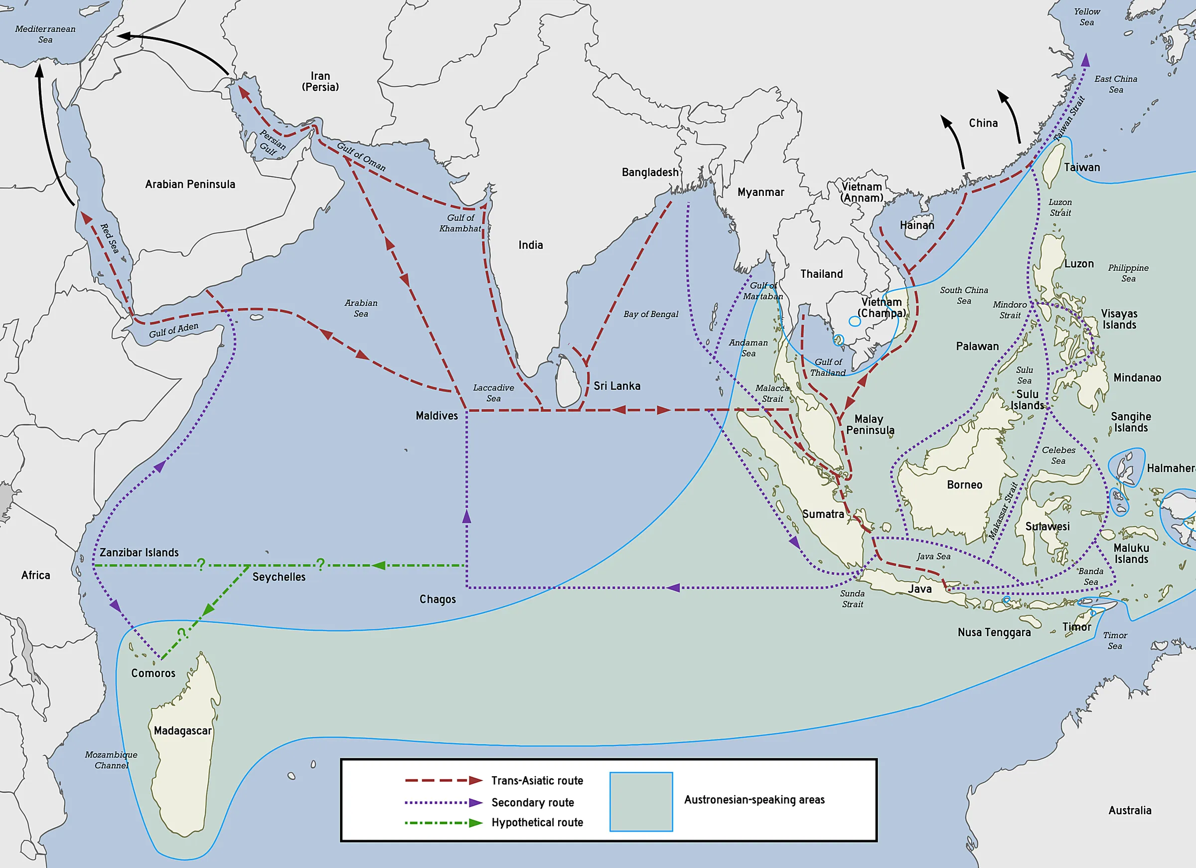 Austronesian proto-historic and historic (Maritime Silk Road) maritime trade network in Southeast Asia and the Indian Ocean