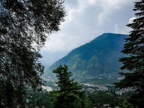 A view down a broad valley framed by dark conifer branches on both sides, a pale river bed and scattered settlement on the far slope, cloud sitting over the ridge.