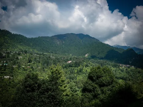 A steep green mountainside under conifer forest with houses scattered across it, a white building on the mid-slope and heavy cumulus cloud above.