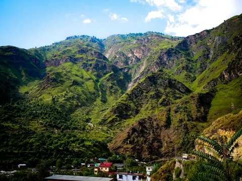 A steep-sided green valley with rocky ridges and scattered conifers along the tops, cut terraces on the left-hand slope, houses with red and green metal roofs on the valley floor at the bottom of the frame and a fern in the right foreground.