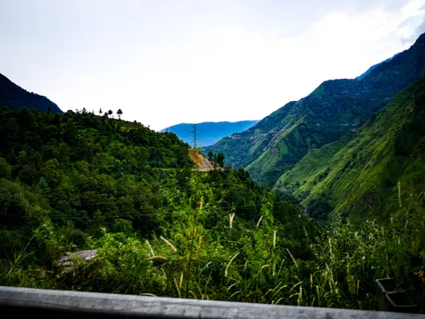 A valley view under a pale sky, dark forest on the left ridge, a road cut traversing the middle distance, houses spread high on the right slope and tall grass and a wooden rail across the foreground.