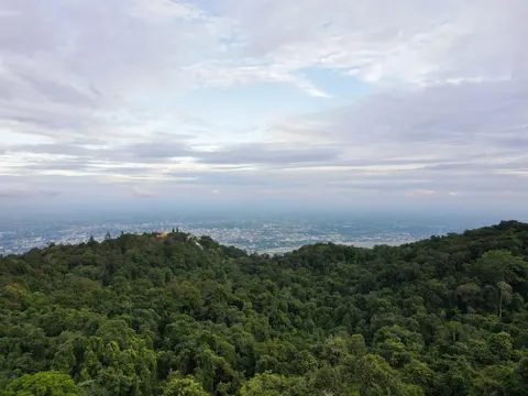Forested hills falling to a flat plain under a pale overcast, a hilltop temple roof catching the light.