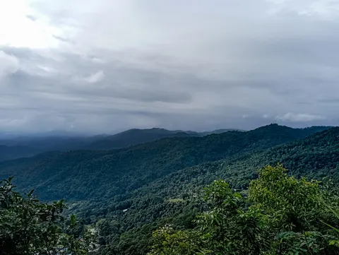 Forested hills receding into haze, seen from a ridge under heavy cloud.